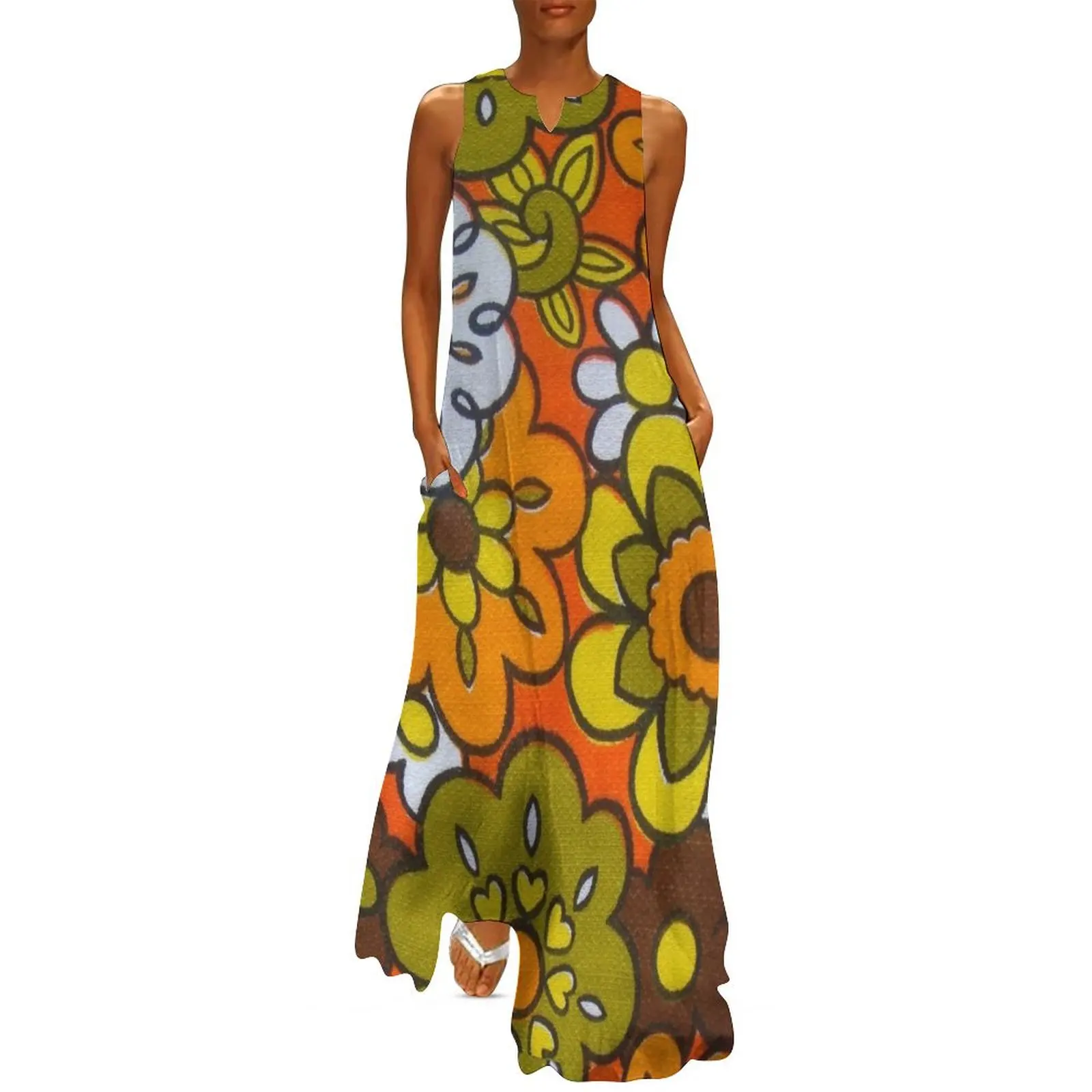 

Retro Cool Mid Century Floral Fabric Design in Avocado Green, Harvest Gold, Brown, and Orange Long Dress dresses for womens 2024