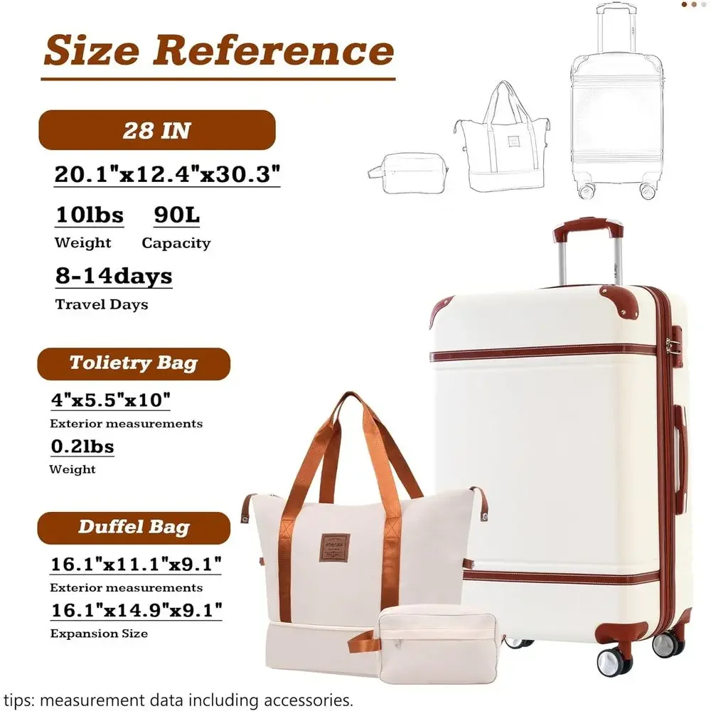 3-Piece Expandable Hardside Luggage Set with Spinner Wheels, TSA Lock, Vintage Style, White