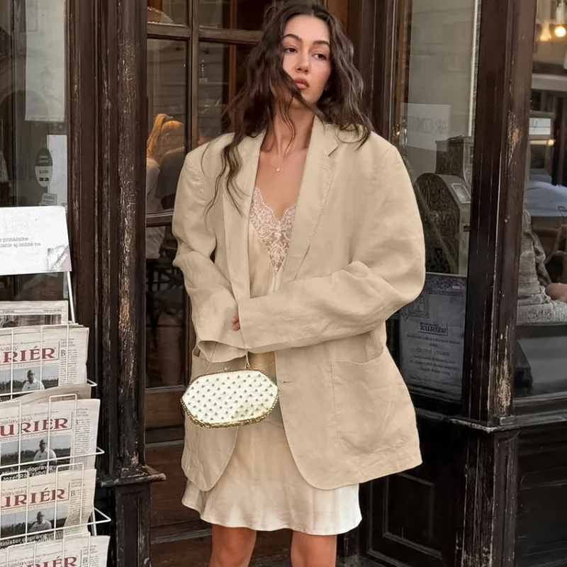 Womens Cotton Casual Office Blazer Jacket Lapel Collar Drop Shoulder Loose Fit Long Sleeve Fall Winter 2026 New Trendy Chic Soft