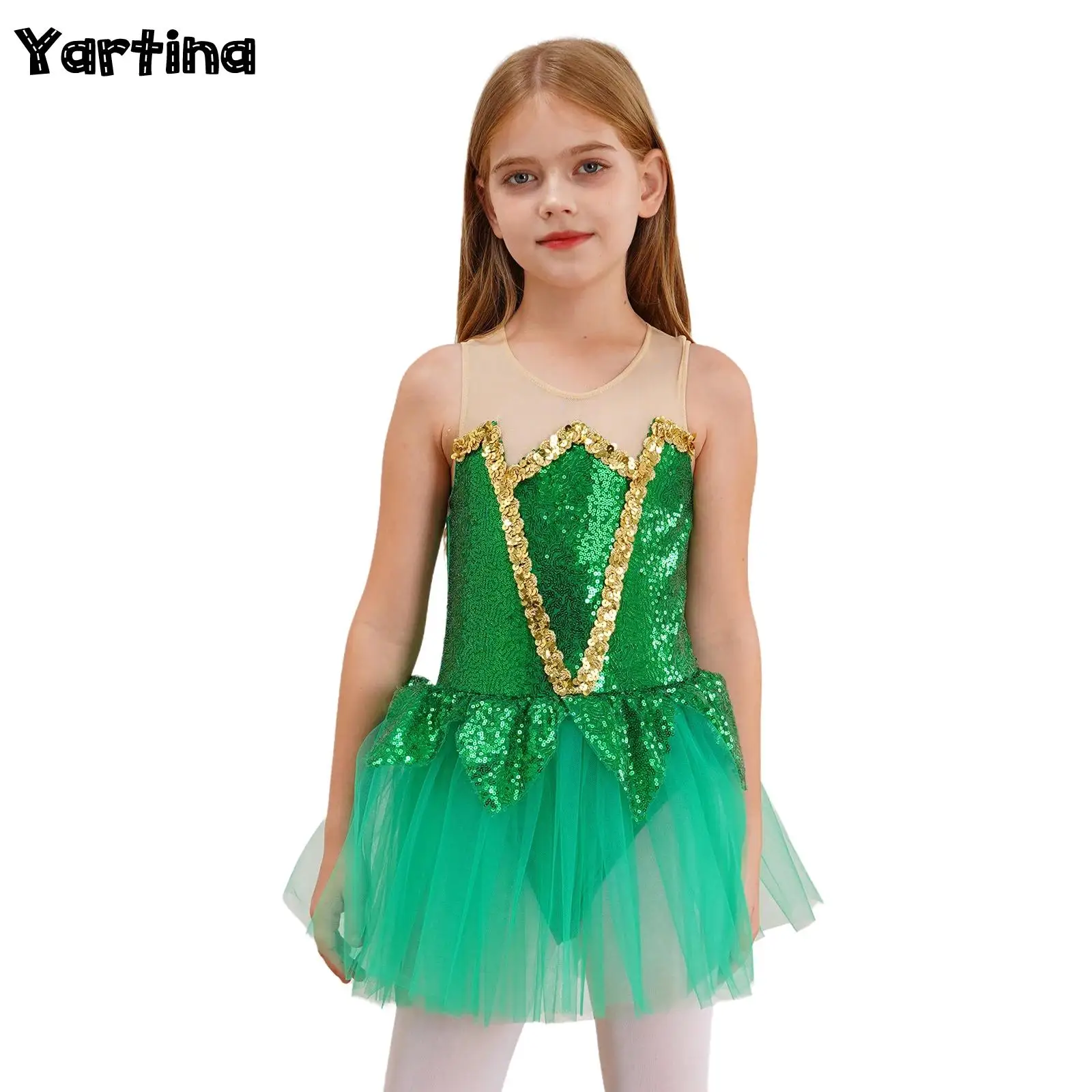 

Детский гимнастический купальник для девочек, балетный трикотаж для фигурного катания, сказочное платье-пачка с блестящими пайетками, карнавальный костюм эльфа на Хэллоуин