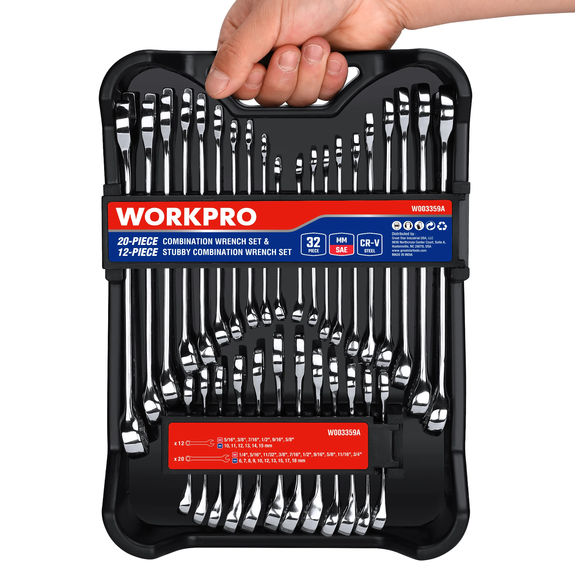 WORKPRO 32-Piece Combination Wrenches Set SAE & Metric , 20-Piece Standard wrenches and 12-Piece Stubby Wrenches with Organizer