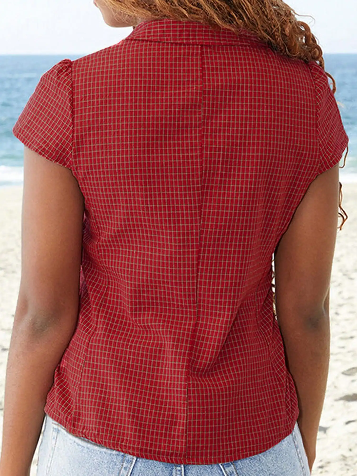 

Women's Summer Casual Plaid Shirt Red Short Sleeve Turn Down Collar Button Up Top