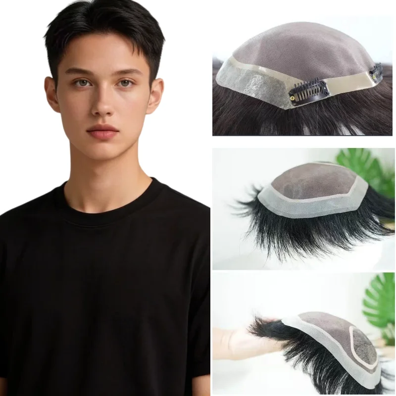 

Men Toupee 100% Human Hair Mono Base 6 Inch Length PU Perimeter Lace Inner With Clips Fully Ventilated Jet Black