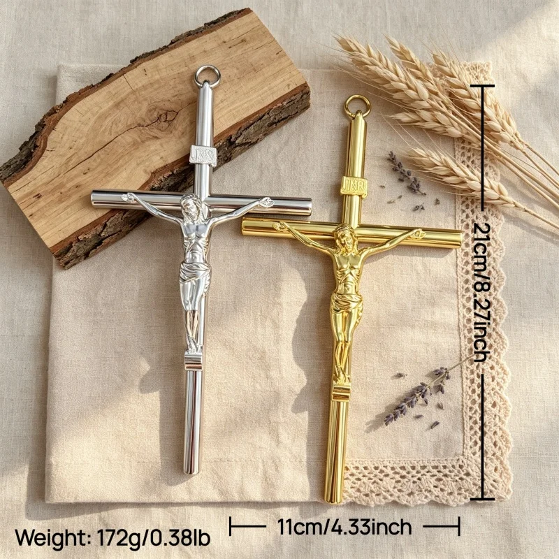 Large Metal Catholic Crucifix Jesus Christ Cross for Wall Hanging 21cm Gold Silver Plated Religious Gift Christian Home Decor