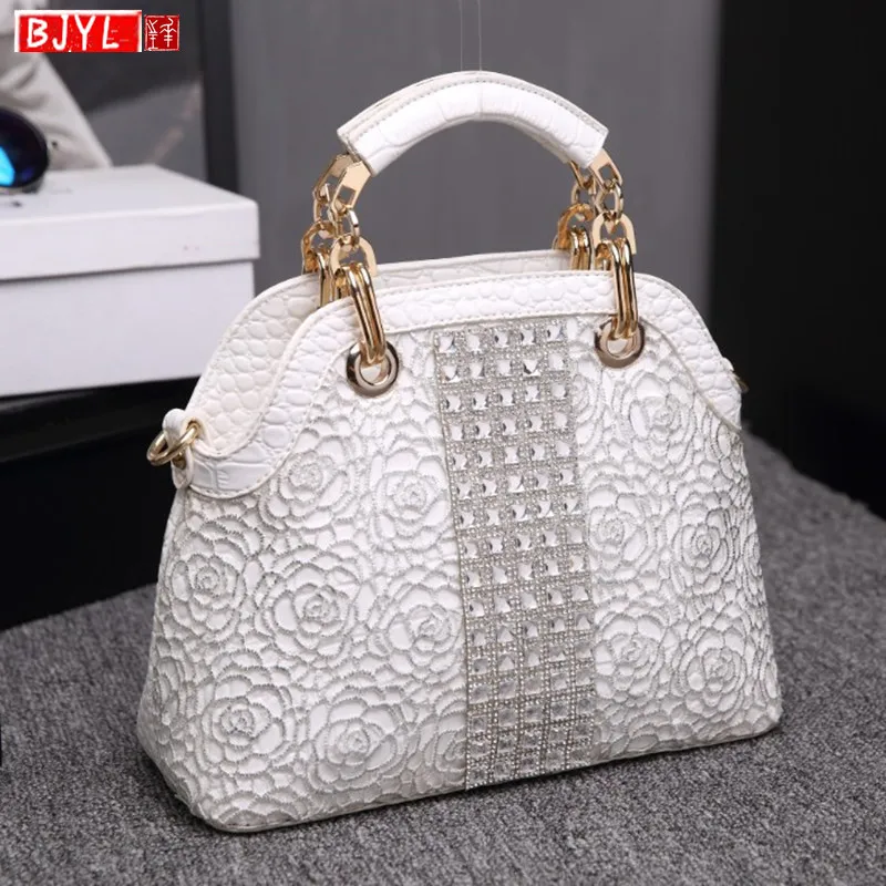 

Luxury Fashion Dismonds Women Handbags Crocodile Leather Female Shoulder Slung Shell Bag Ladies White Rhinestone Messenger Bags