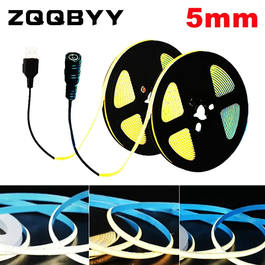 5MM DC 5V 12V USB LED COB Strip 1- 5m LED Strip White Warm White TV Background Lighting light Strip Tape Home Decor String Light