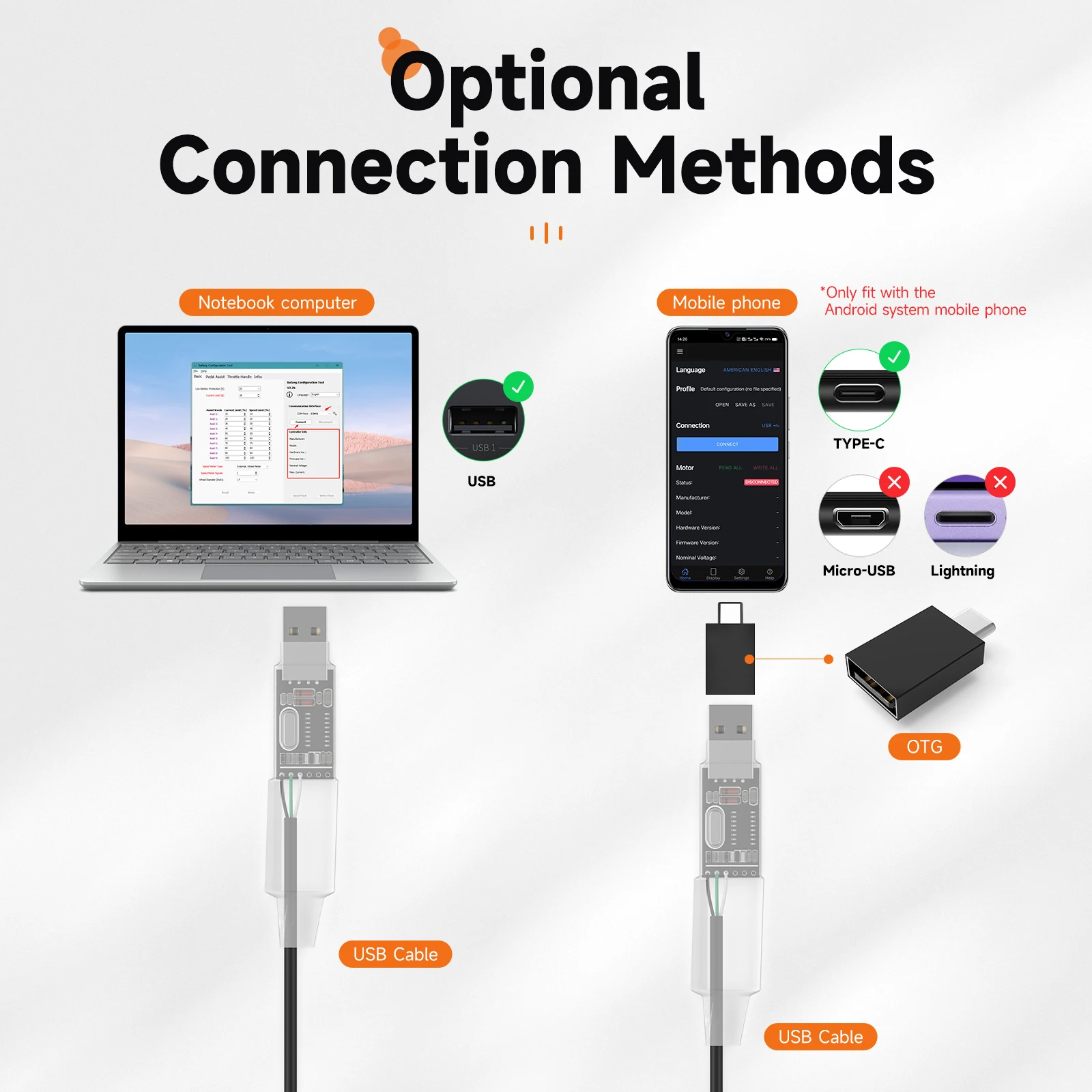 OTG-USB-USB-Programmierkabel für Bafang Mid Drive Kit BBS01 BBS02B BBSHD zur Änderung der PAS-Geschwindigkeitsparameter 43,3 Zoll Länge – Detail 4