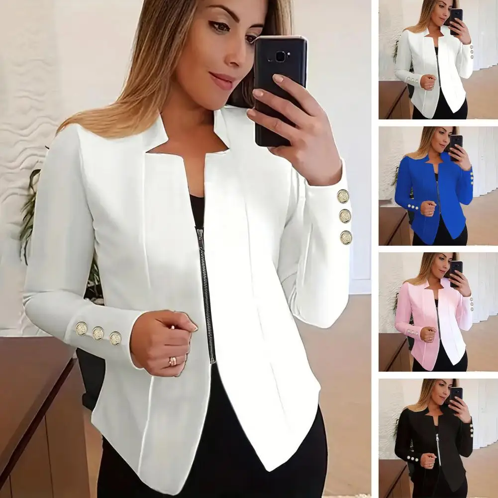 Zipper Design Suit Coat Professional Women's Slim Fit Business Suit Coat with Notched Collar Zipper Placket Solid for Spring