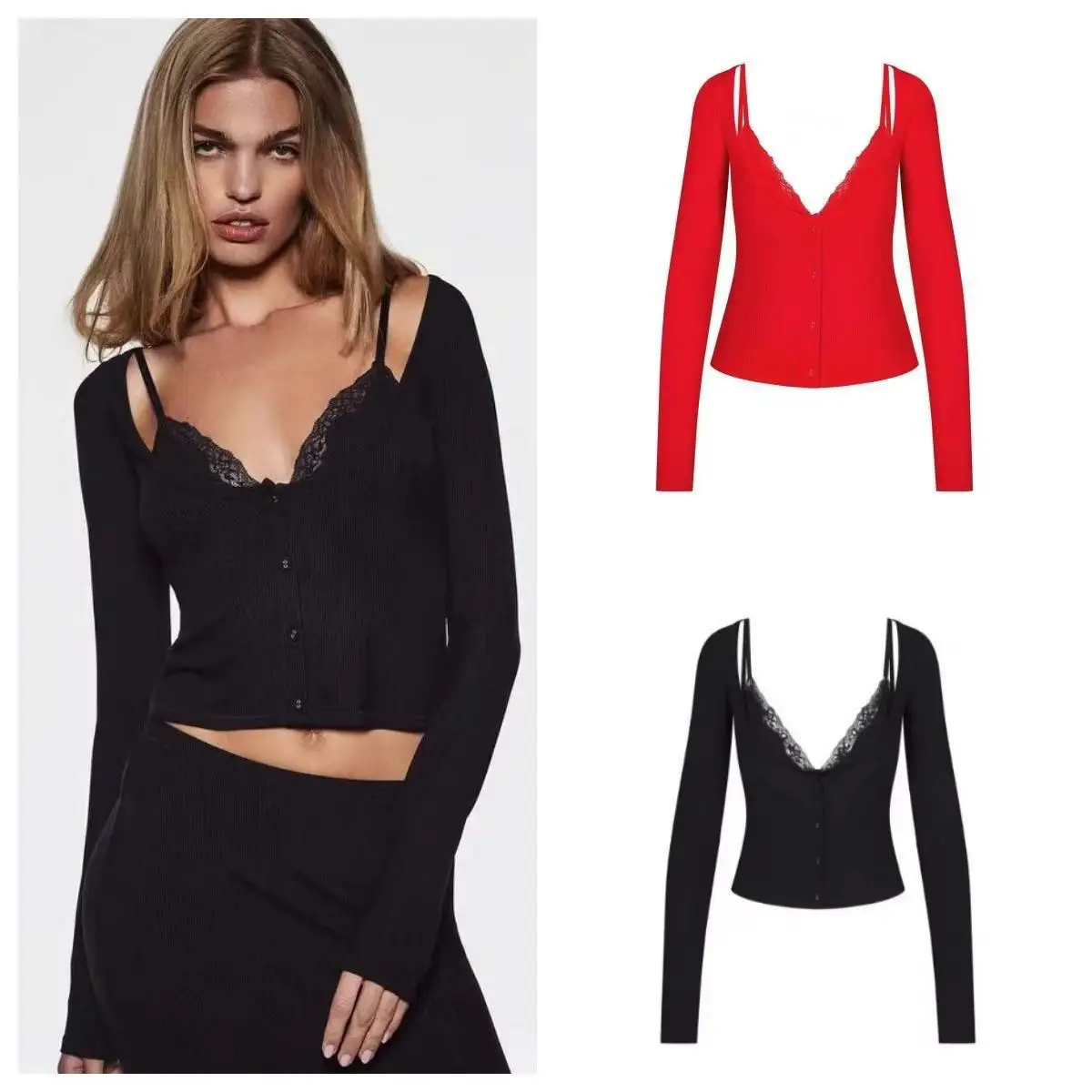 

IAMUBABA Bla Sexy Lace Long Sve Fake Two-Piece Top Women's Faion Breathable Polyester V-ne ort Length irt