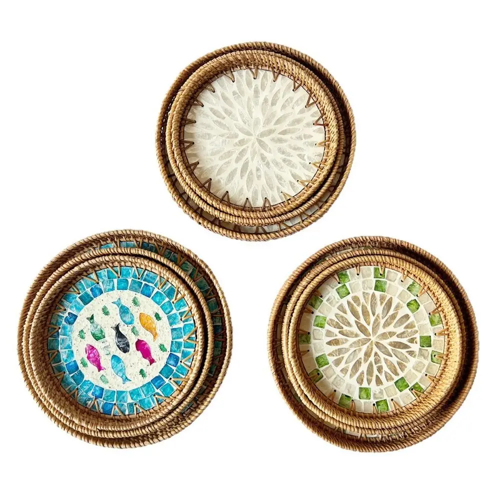 New Shell Mosaic Round Woven Tray Handmade Decorative Rattan Serving Tray Home Decor Table Centerpiece