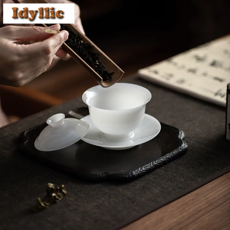 Ice Jade White Porcelain Gaiwan Luxury Tea Tureen Tea Bowl With Lid Kit Tea Brewing Cover Bowl Tea Services Accessories Gift