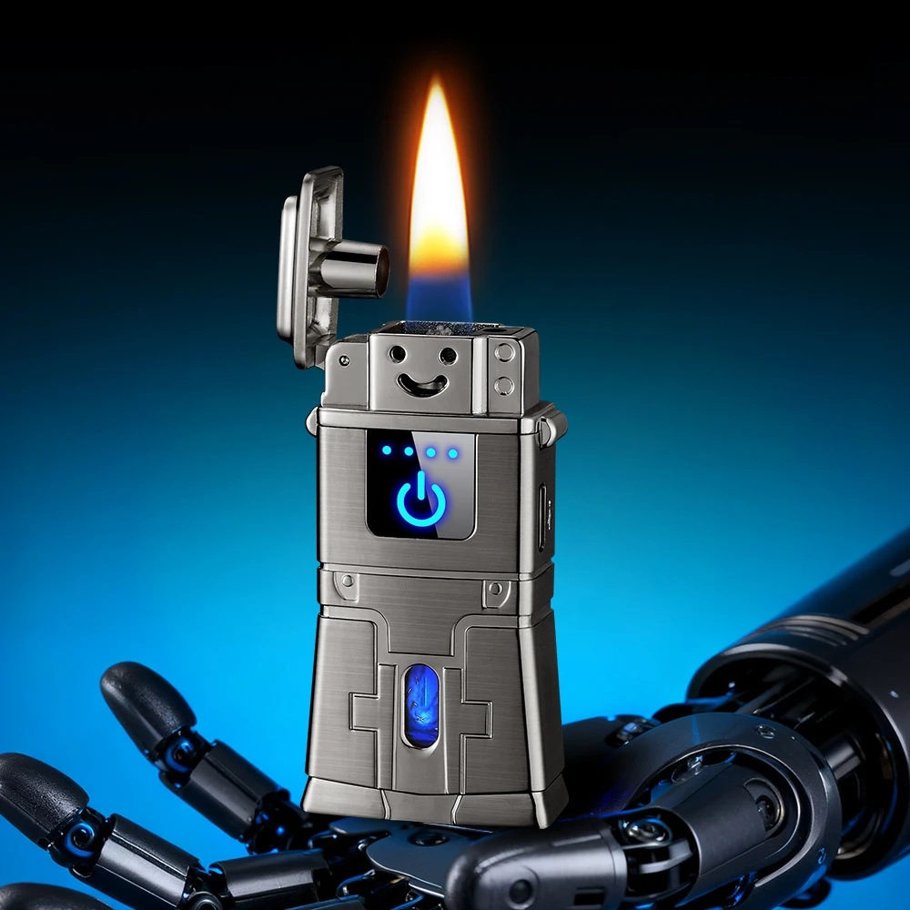 

New Creative Robot Induction Lighter Portable Visible Oil Tank Gift Lighter Oil Electric Hybrid Lighters Smoking