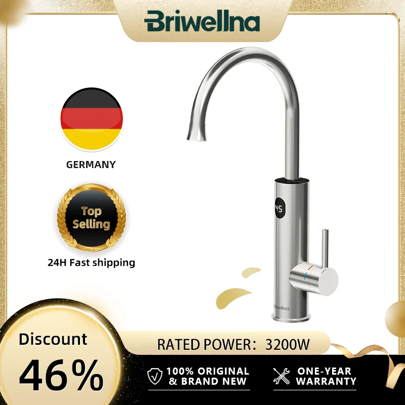 Briwellna Stainless Steel Electric Faucet With Extender Nozzle Flexible 220V Instant Hot Water Tap With Digital Display Geyser