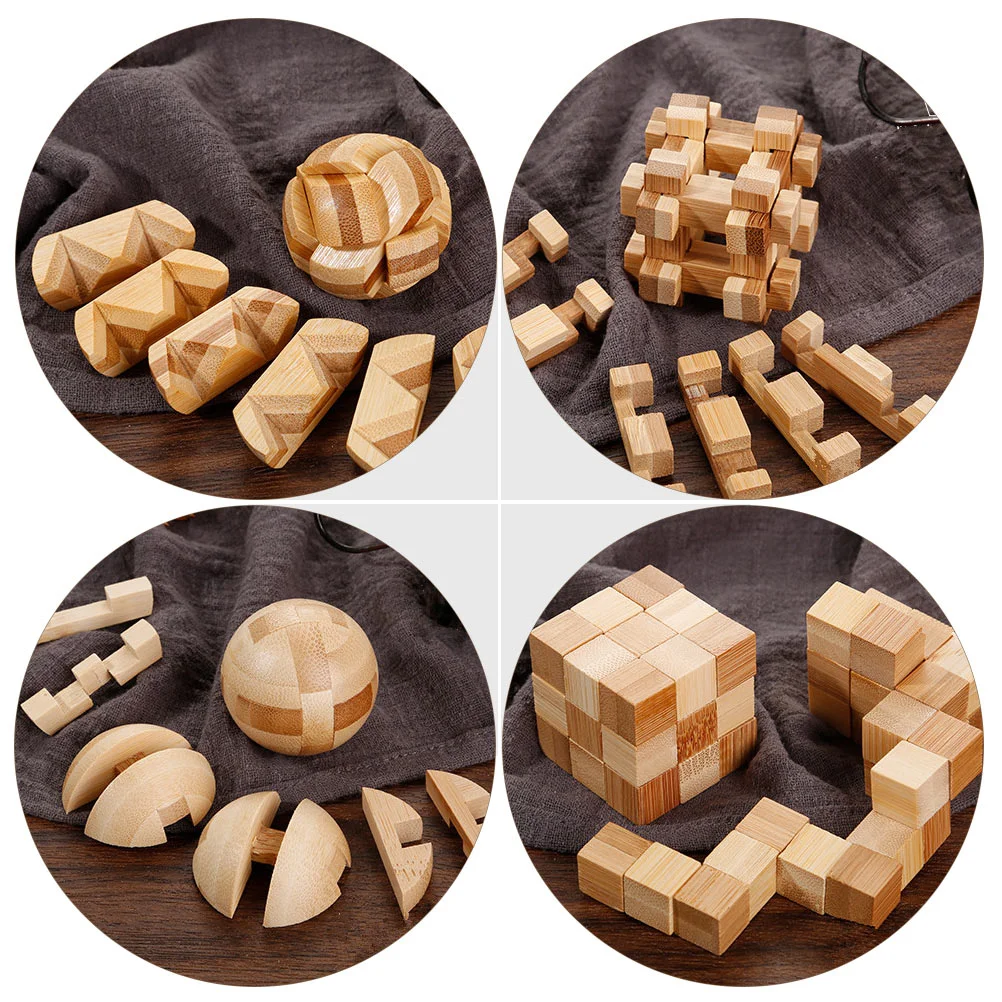 Luban Lock D Braincing aser Kongming Toy Puzzle for Kids, Brown Unlock, Bamboo Unlock Game, 4 Pcs