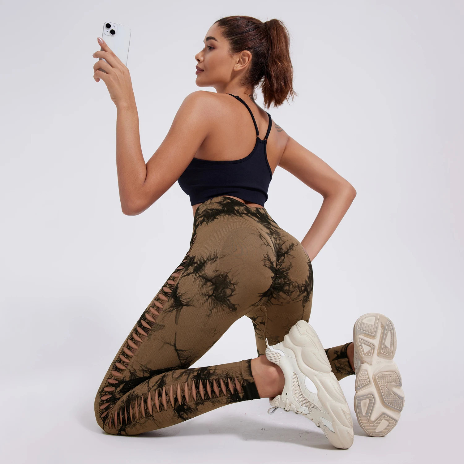 Mulheres sem costura tie dye oco para fora calça esportiva yoga ginásio cintura alta treino leggings elástico feminino activewear