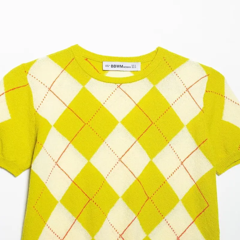 Spring 2025 Women's Knitted ort Sve round Ne Sweater Diamond Pattern Sweet Sle Regular Length Overhead Decoration