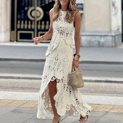 Sexy Embroidery Lace Jacquard Women Set Spring O-neck Sleeveless Vest Top & Slit Skirts Outfits Summer Irregular 2pcs Suit Mujer