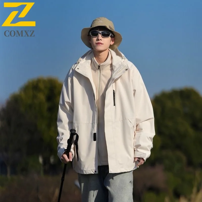

​Men Outdoor Hiking Jacket Windproof Waterproof Mountain Style Solid Color Windbreaker for Autumn Hooded Camping Climbing​ Coat