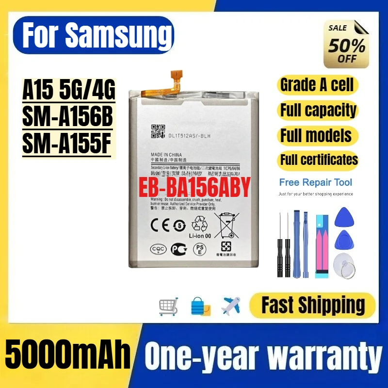 Аккумулятор EB-BA156ABY для Samsung A15 5G/4G/SM-A156B/SM-A155F: высококачественная сменная батарея повышенной емкости с инструментами для замены