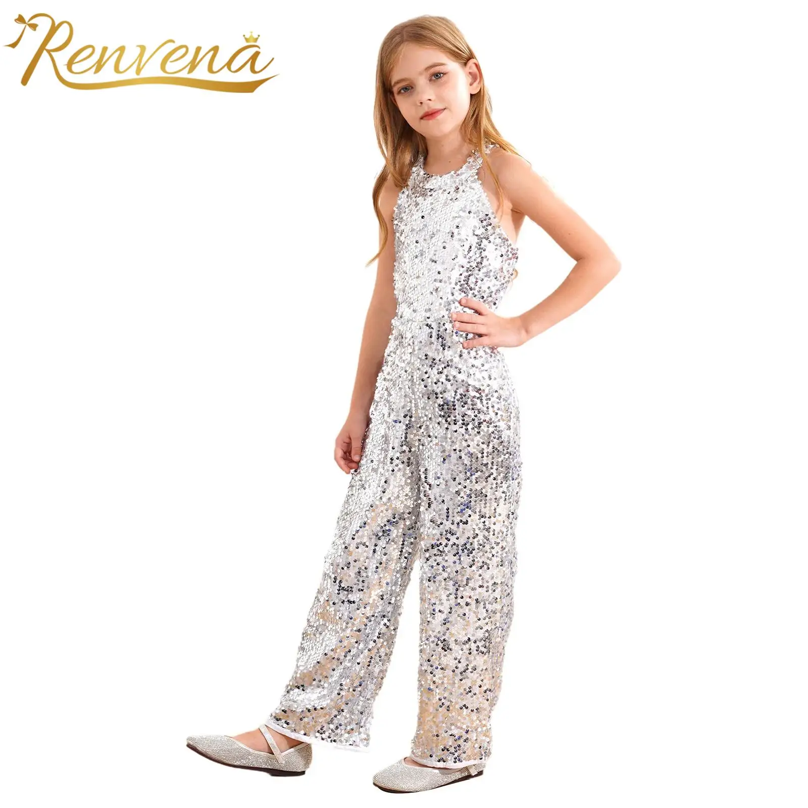 

Fashion Kids Girls Halter Neck Sleeveless Jumpsuit Shiny Sequins Romper Wide Leg Pants for Birthday Party Jazz Dance Costume