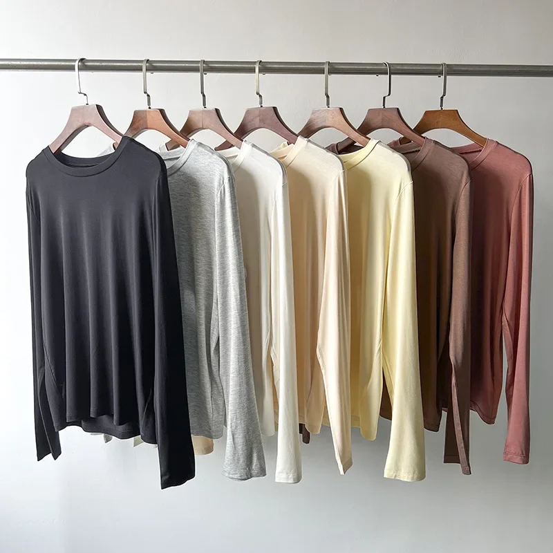 Organic Bamboo Fiber Stretch Long Sleeve with Layerer Bottom Thin Slightly Transparent Round Neck Basic T-Shirt