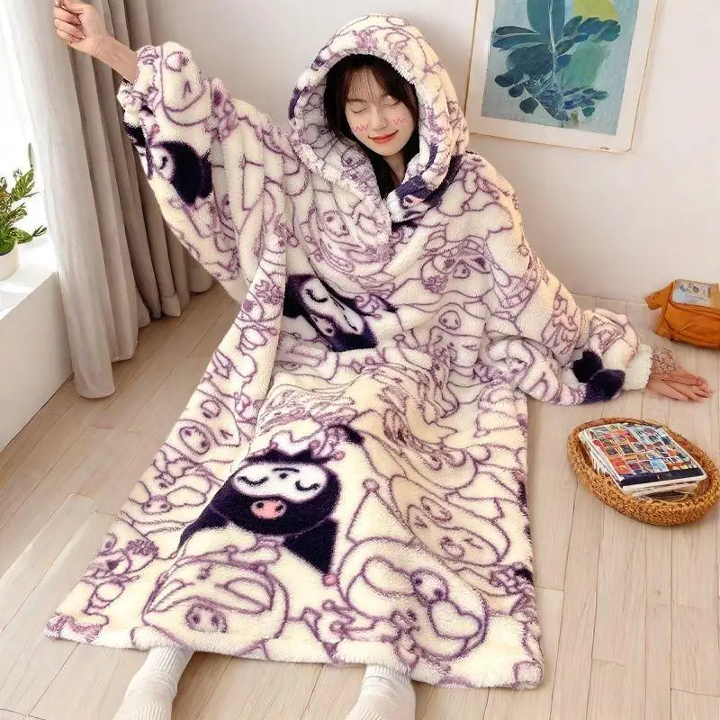 Sanrio Girl Thickening Hooded Winter Jumpsuit Nightgown Kawaii Kuromi Comic Student Keep Warm Sleeping Skirt Leisure Wear New