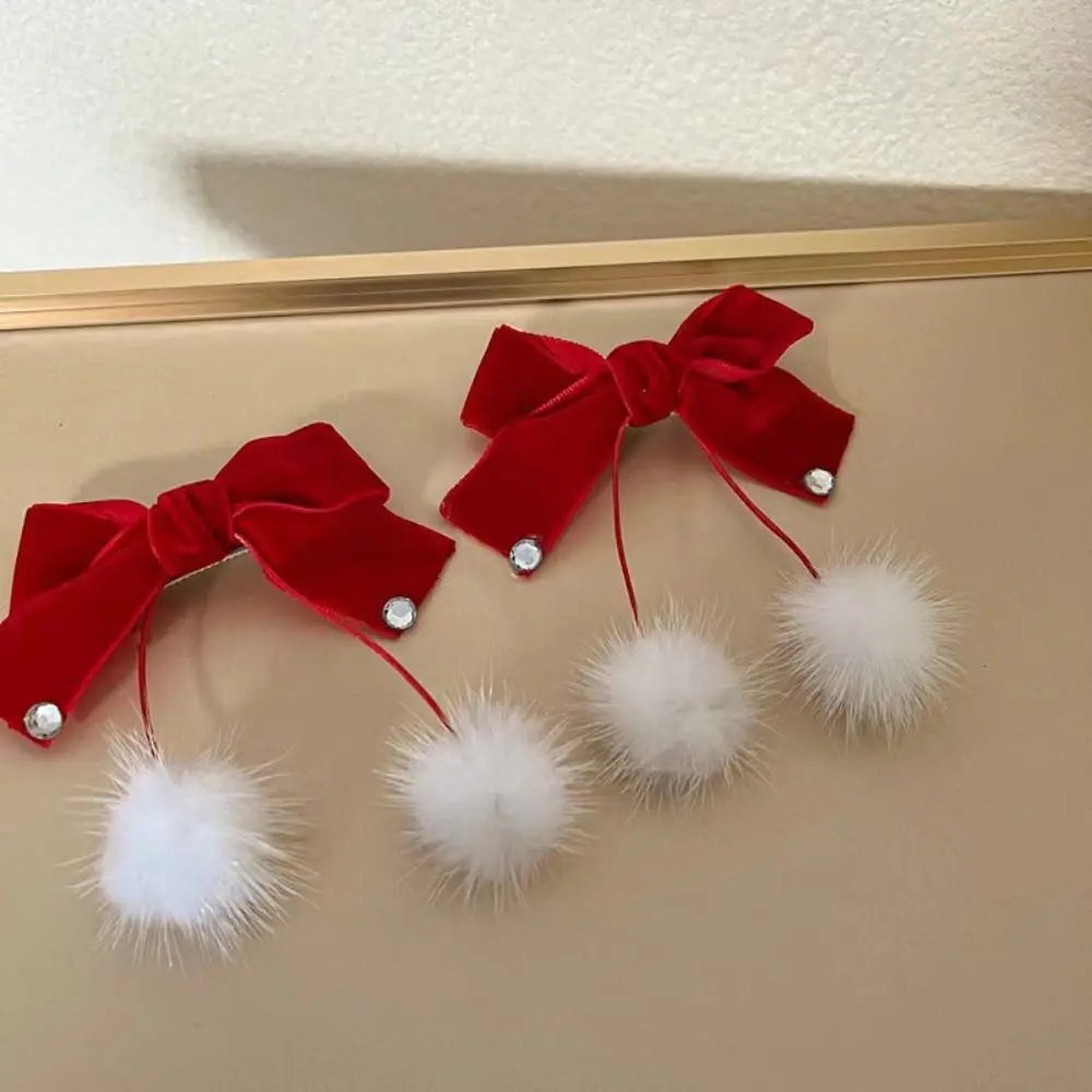 แฟชั่นปีใหม่ Furry Ball คลิปผมหวาน Elegant Duckbill คลิปฤดูใบไม้ร่วงฤดูหนาวสีแดง Bow Hairclip สําหรับผู้หญิงหญิง