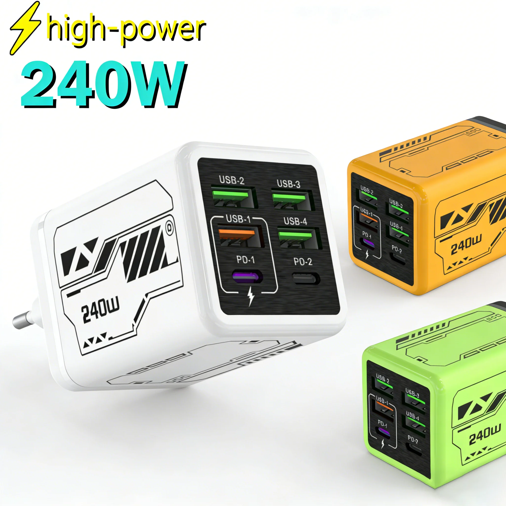 240W 6 in 1 USB C Charger 4USB 2Type C PD Quick Charge 3.0 Travel Phone Adapter for iPhone Samsung Xiaomi Huawei EU UK US