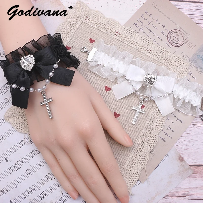 

Handmade Japanese Mine Style Sweet Cool Cute Bead Chain Rhinestone Cross Bow Ruffled Bracelet Girl Women's Wristband