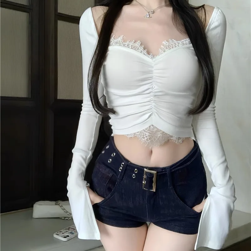 Sexy Crop Tops Women Y2k Clothes Long Sleeve Lace Mesh T-shirt Tight Neckline Luxury V-neck Tops Black White New