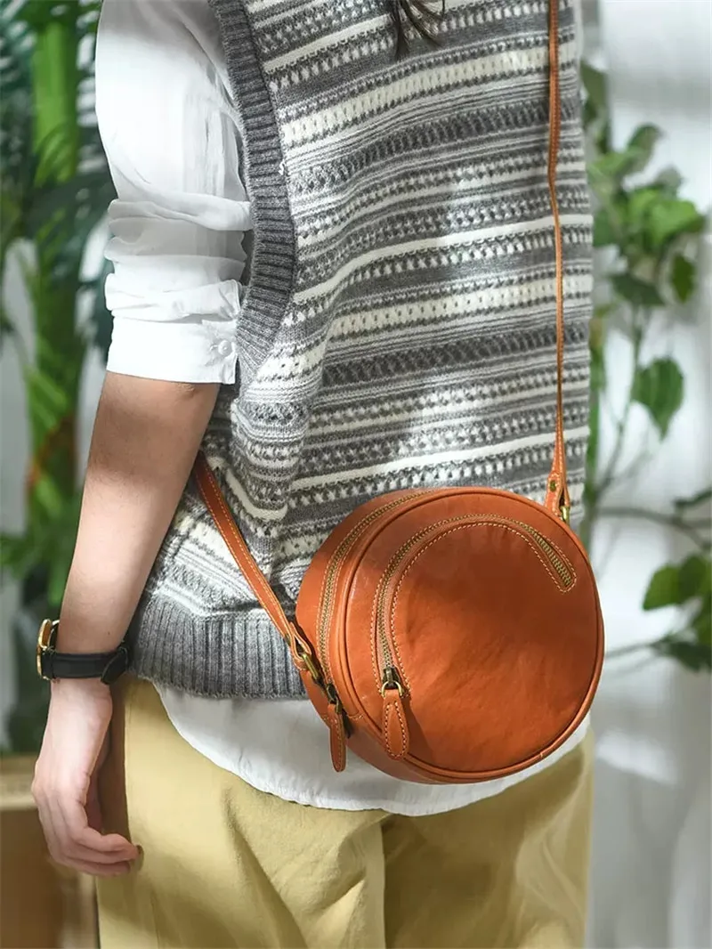 

Simple designer handmade summer genuine leather women's small round crossbody bag casual luxury real cowhide female shoulder bag
