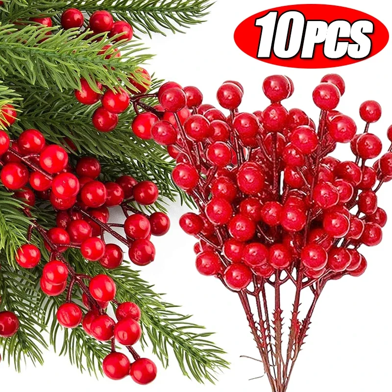 Artificial Christmas Red Berries Stems Wreath Xmas Tree Ornament Holly Berry Branch Decoration DIY Crafts Home Party Decoration