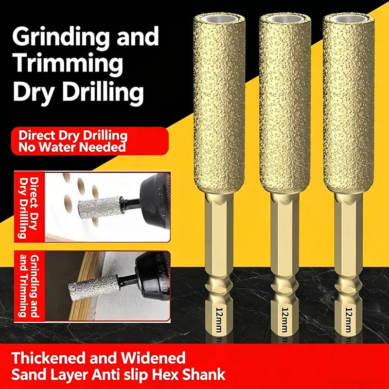 Diamond Brazed Dry Drill Bit 6/8/10/12/16mm 2-in-1 Drilling And Grinding Hole Opener Waterless Drill Bit For Glass Ceramic Stone