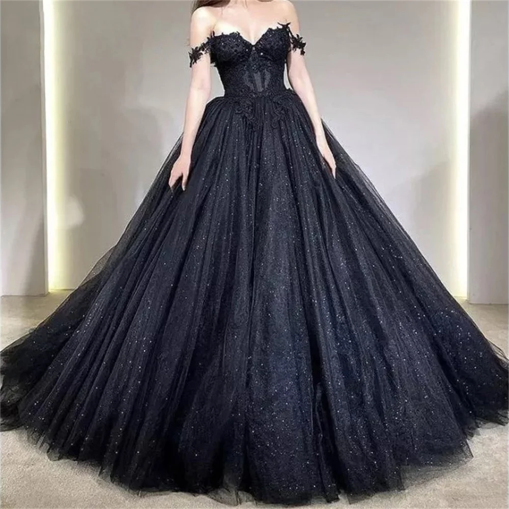 Cathy Black Prom Dresses Ball Gown Tulle فساتين السهرة Elegant Sleeveless Heart Shaped Neck Shiny Sequins Vestidos De Noche 2024