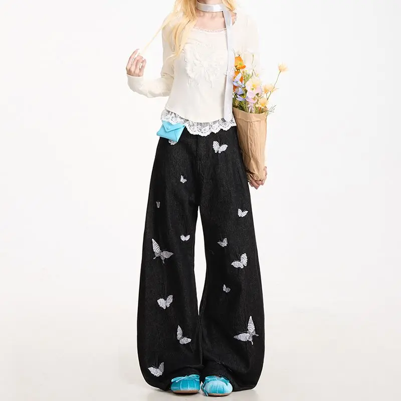 American Style Denim Pants Butterfly Embroidery Jeans for Women Contrast Color High Waist Vintage All-match Loose Jeans