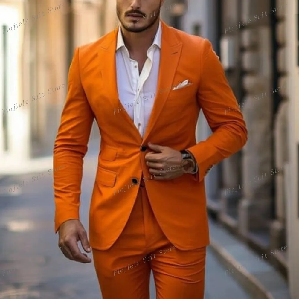 

New Orange Formal Occasion Men Suit Groom Groomsman Wedding Party Prom Business Casual Male Tuxedos 2 Piece Set Blazer Pants