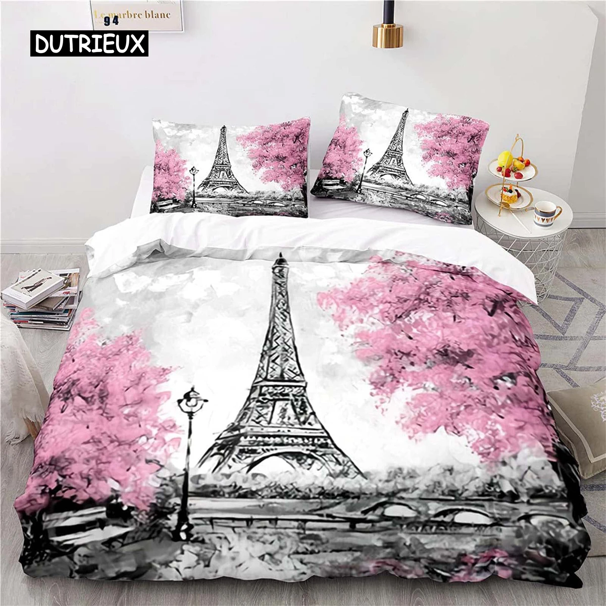 

Eiffel Tower Duvet Cover Set King Size Vintage Beautiful World Famous Building Sakura Twin Polyester Bedding Set for Kids Girls