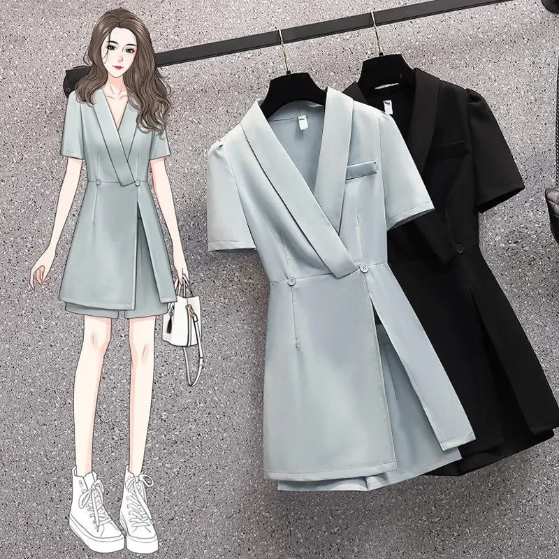 

Women's Clothing 2024 Summer New Loose Elegant High-end Suit Dress Shorts Chubby Sister Foreign Style Slimming Set Solid Color
