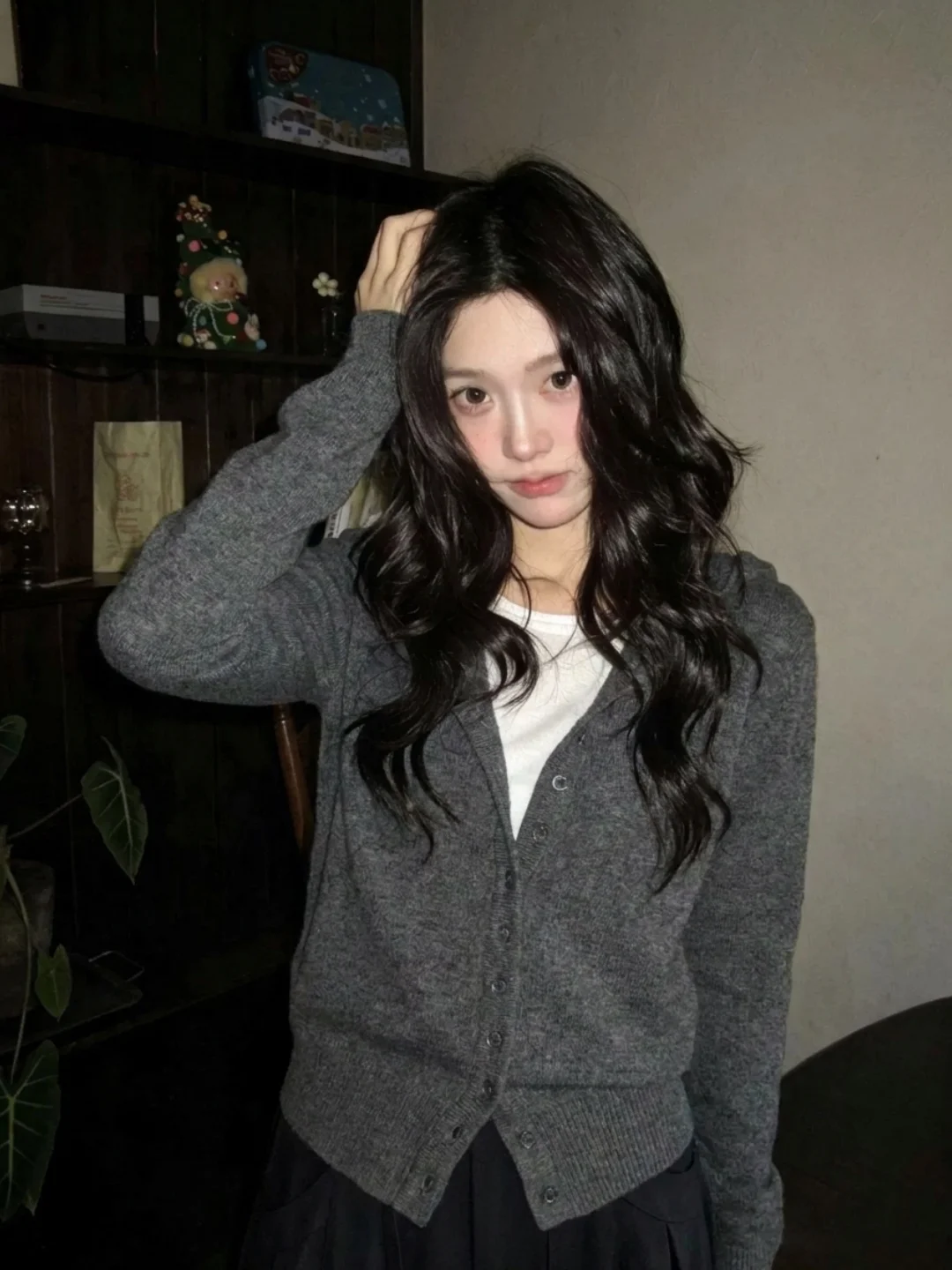 Retro Grey Hooded Knitted Open Cardigan Women's Autumn Winter Soft Cozy Sweater Jacket Inner Wear Hood Shirt Top