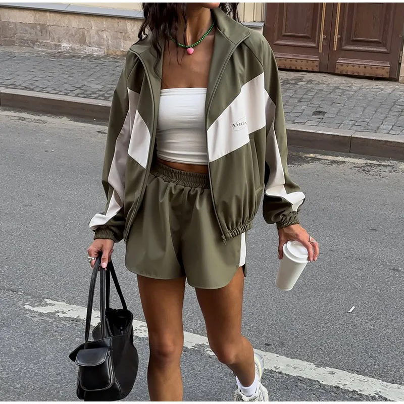 Farbblock-Zweiteiler mit Reißverschluss, Langarm-Stehkragenjacke, Sportshorts mit elastischem Bund, Damen 2026 Sommer Casual Chic Sets – Detail 7