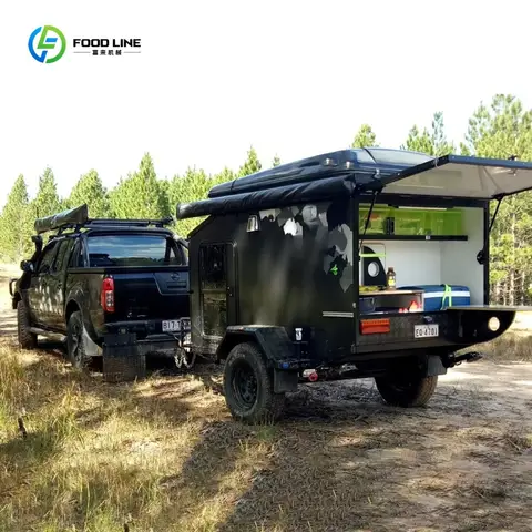 Custom Small Offroad Camper RV Caravan Trailer Independent Suspension Electric Brake With Tent Kitchen For Camping Trips