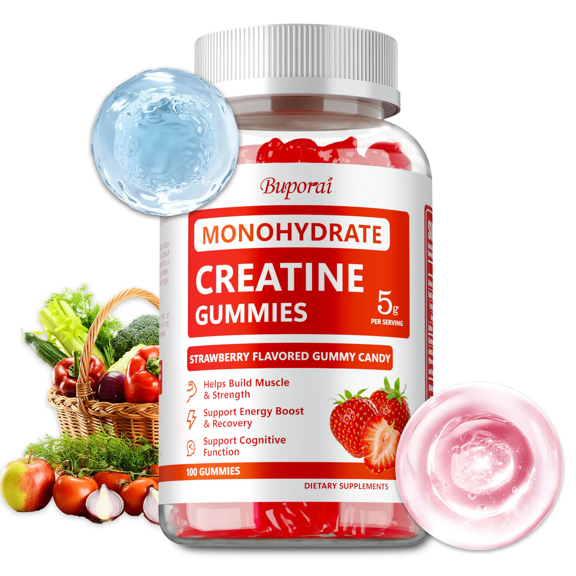 

Creatine Monohydrate Gummies - Helps Build Muscle and Strength, Improves Energy and Endurance, Increases Athletic Performance