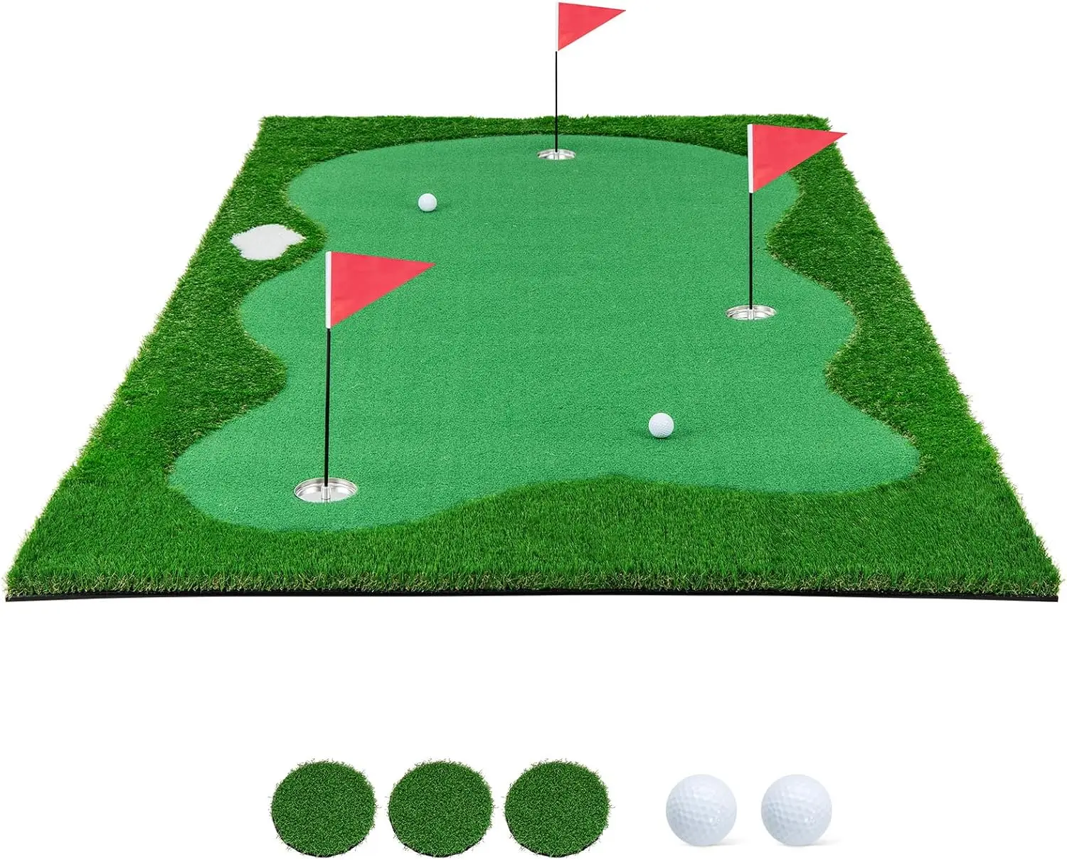 10 FT Golf Putting Green, große professionelle Golf-Trainingsmatte mit realistischem Kunstrasenrasen, 3 Löchern, 3 Fahnen und Tassen