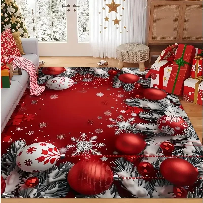 VIKAMA Red Christmas Ball Snowflake Area Rug Non‑slip Xmas Pine Ornament Carpet For Living Room Bedroom Home Decor