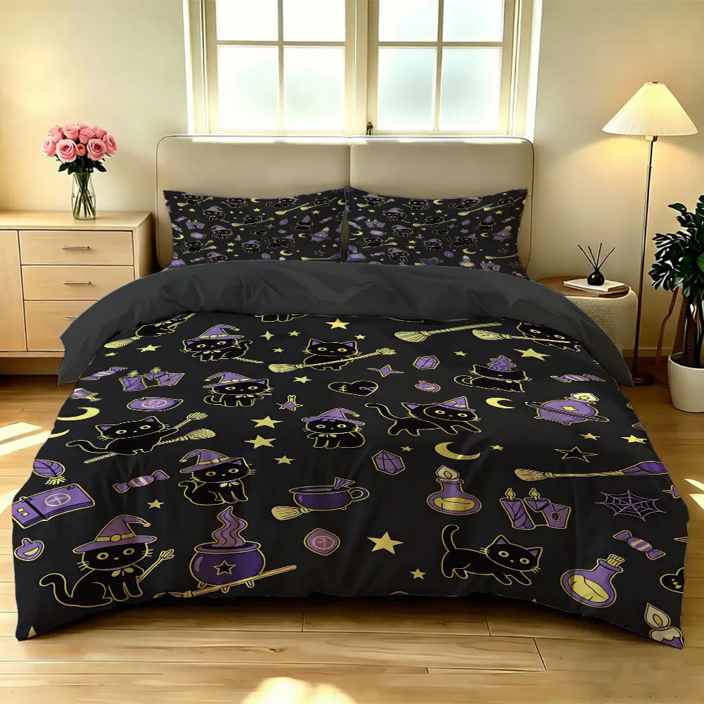 3PC Halloween Black Cat Wizard-Printed Bedding Set, Without a filling, Made of Soft Fabric for Bedding Use