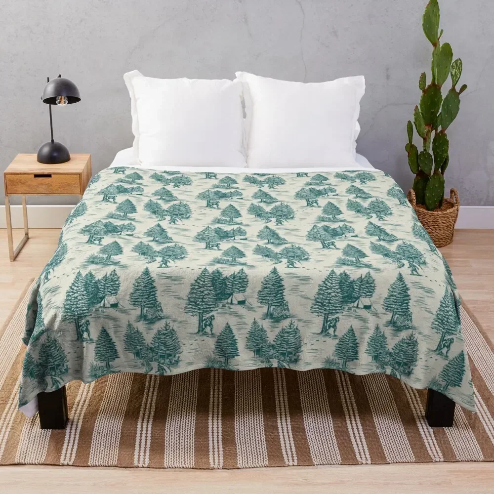 Bigfoot / Sasquatch Toile de Jouy in Teal Throw Blanket Beach Furrys funny gift Blankets