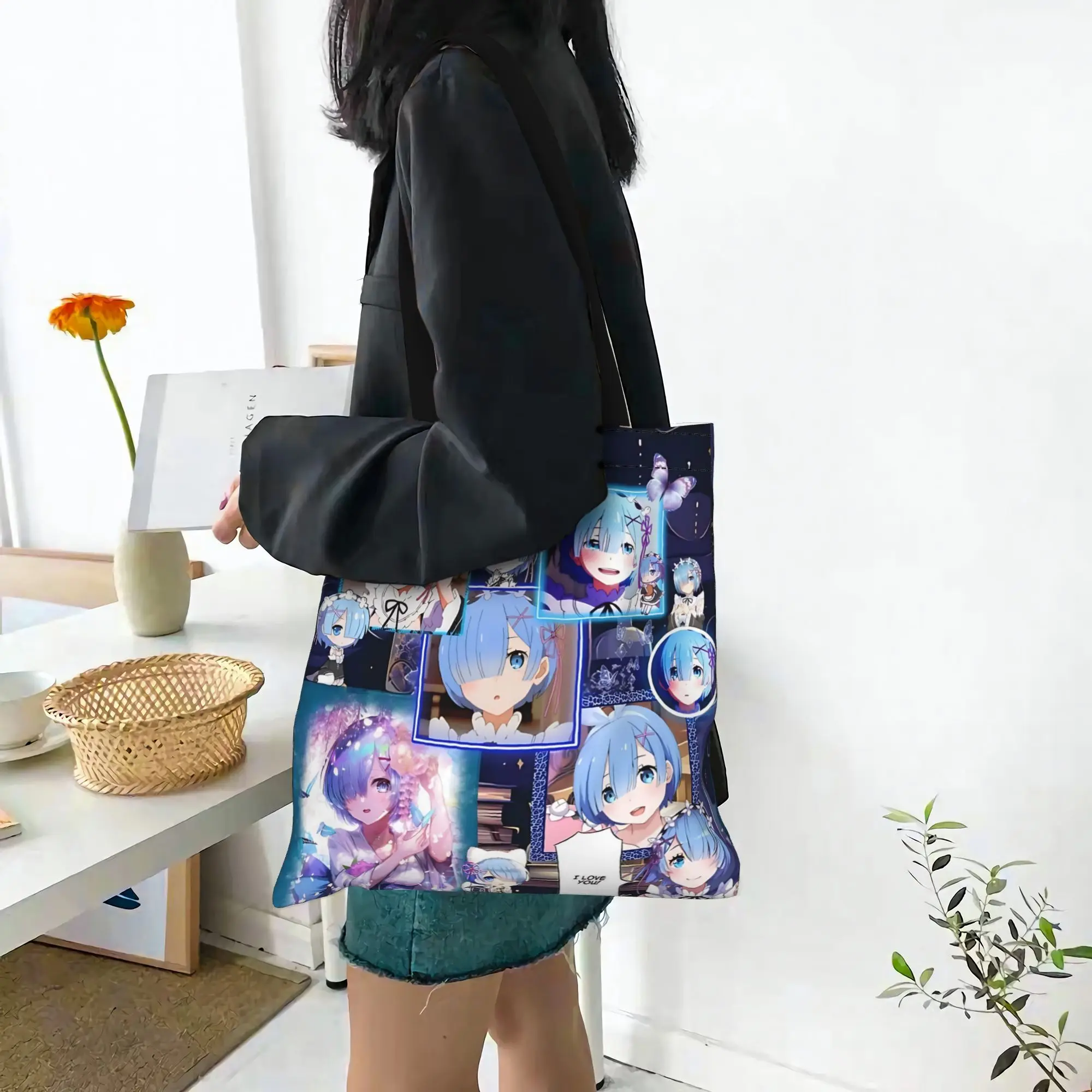 Customized Re ZERO Anime Rem Women's Bag Shopping Bag Reusable Double Sided Canvas Tote Bag Shoulder  Handbag Its bags
