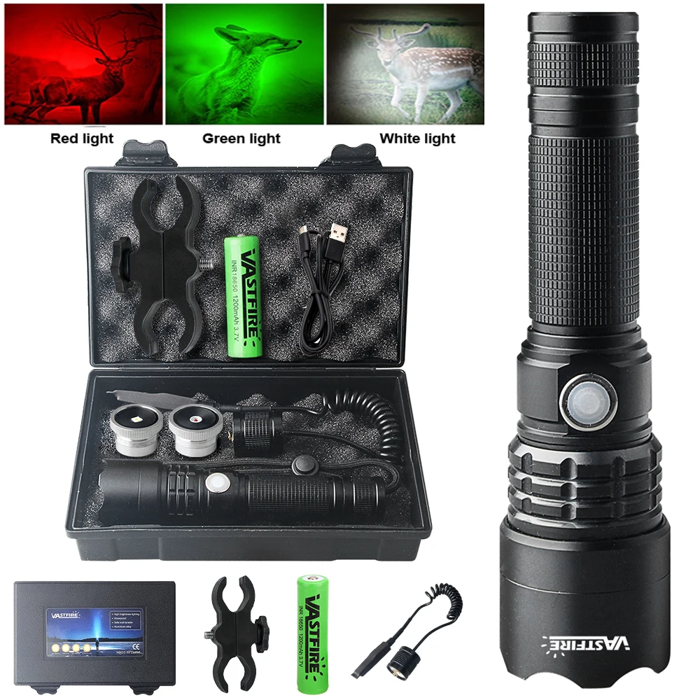 

Red Green White Predator Light LED Tactical Flashlight Zoom Focus Adjustable Torch for Hunting Fishing Coyote Hog Varmint