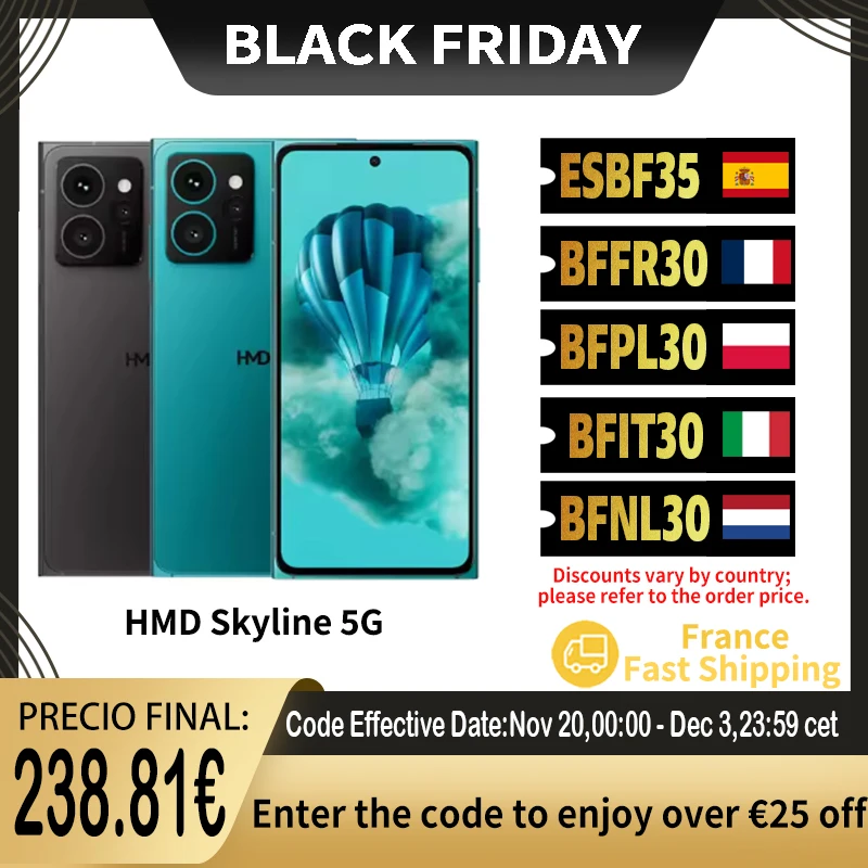 Version mondiale HMD Skyline 5G Smartphone 108MP OIS AF camra 4X Zoom Snapdragon 7s Gen 2 144hz taux de rafrachissement NFC