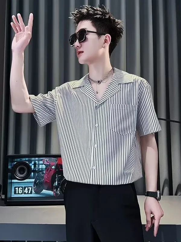 

Cuba Collar Men's irt Ice Silk Slim Fit ort Sve Striped Casual Sle Breathable Summer Faionable Chinese Brand